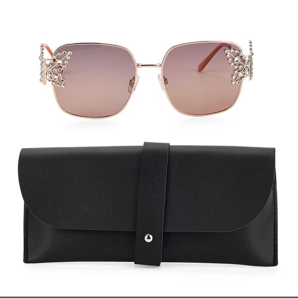 Elegant Gold Polarized Sunglasses Butterflies Crystal Accents New with case - Picture 9 of 10